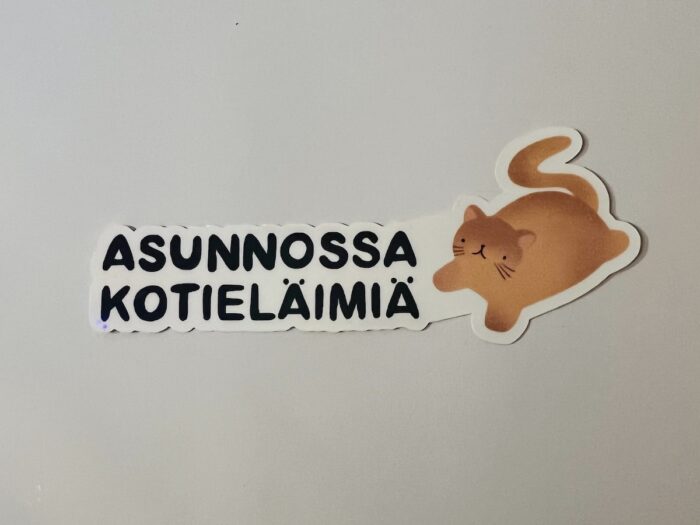 Asunnosa kotieläimiä -tarra oranssin kissan kuvalla